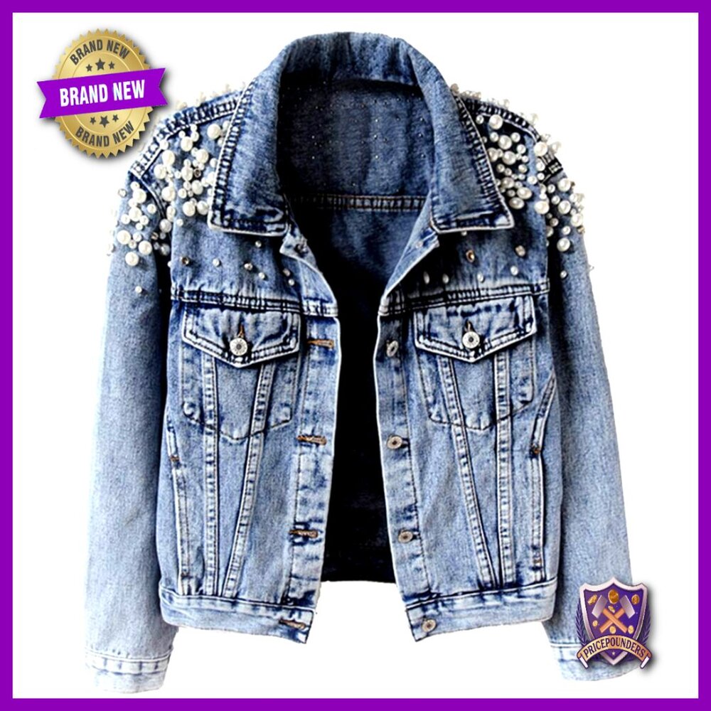 Embroidered Pearl Denim Jacket Distressed Boyfriend Fit Y2K Chic Wedding